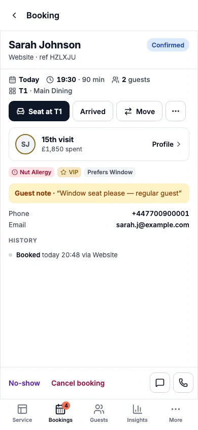 A booking opened on a phone, with seat, arrived and move buttons