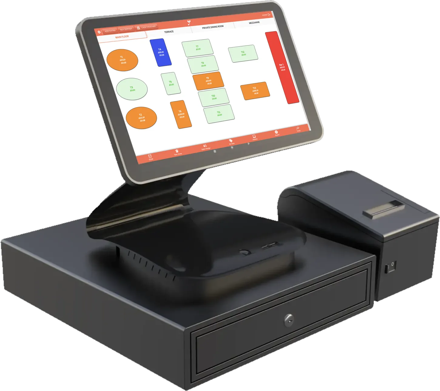A Yumee till with a cash drawer and receipt printer, showing the floor plan: rooms, occupied and free tables and the open bill on each