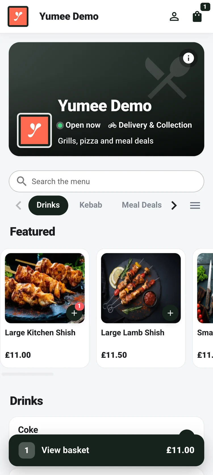 A restaurant’s own branded ordering app: the menu, categories, delivery and collection