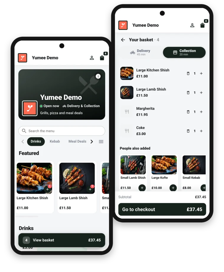 A takeaway’s own branded ordering app on two phones: the menu, and the basket with delivery or collection