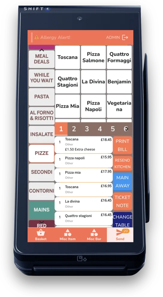 A Shift4 PAX card machine running the Yumee till: categories, items and the open order on one handheld screen