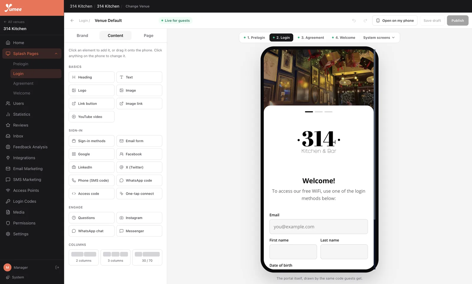 The login page editor, with the guest’s phone view beside it