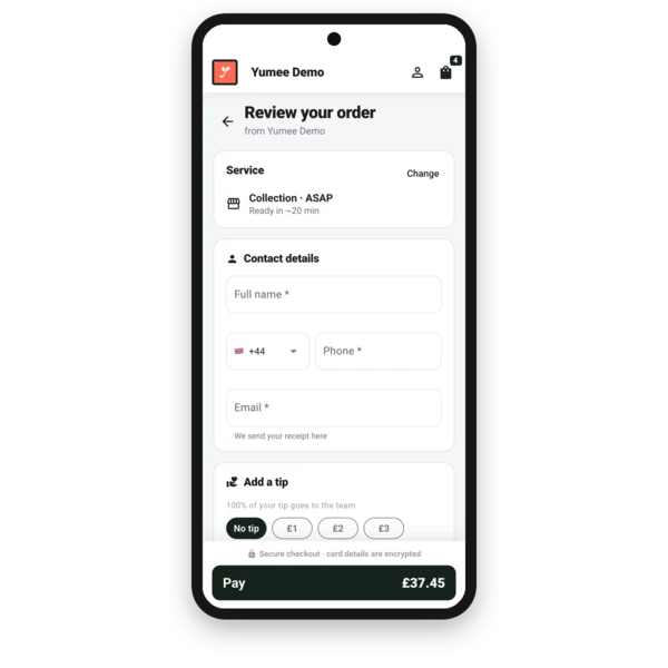 The checkout screen in a restaurant’s own ordering app