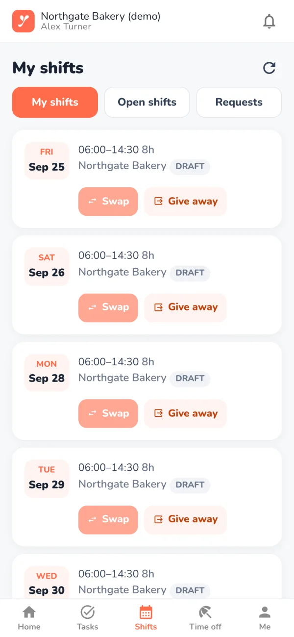 Shifts in the Yumee Work app, with swap and give-away buttons