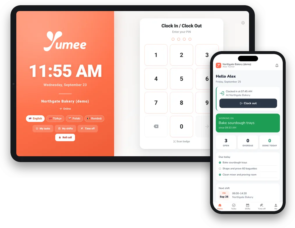 The clock-in tablet and the Yumee Work app on a phone